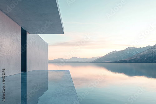 Abstract 3D rendering of minimalist style architectural space scene, mountain and lakeside building