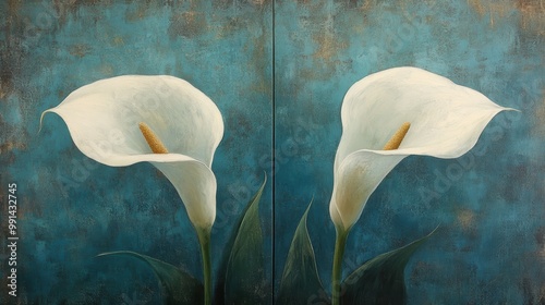 Sophisticated abstract diptych highlighting the elegant simplicity of white calla lilies on a soft teal blue surface
