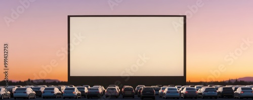 A serene drive-in theater scene during sunset, featuring parked cars and a large empty screen ready for a film.