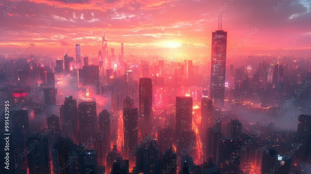 Fototapeta premium Radiant Cityscape: Glowing Skyscrapers in the Sunset Glow