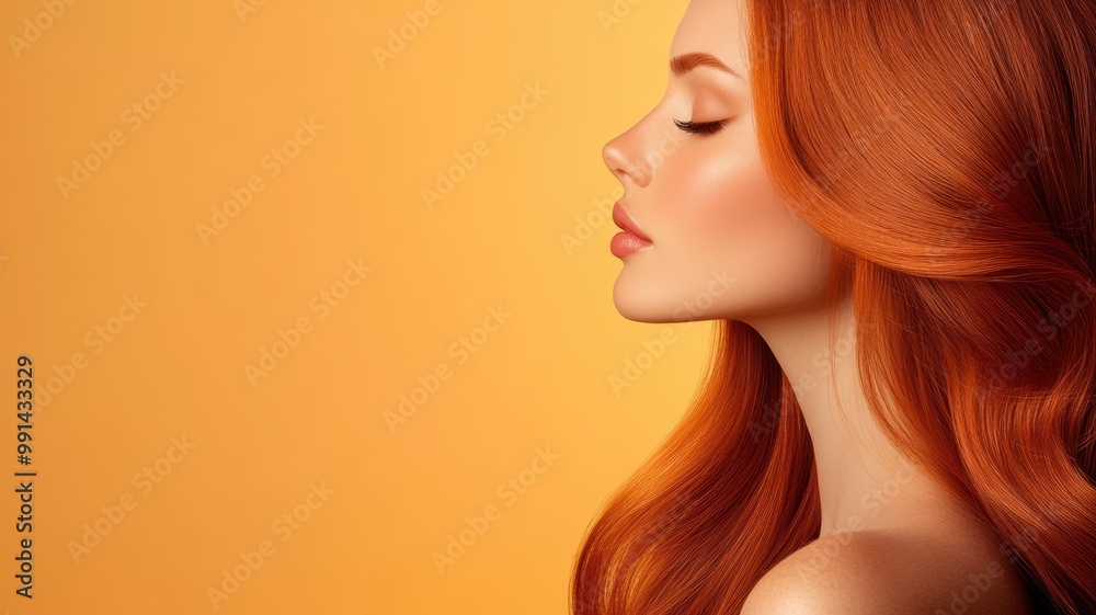 A woman with flowing red hair against a warm yellow background, showcasing beauty and elegance. A woman with flowing red hair against a warm yellow background, showcasing beauty and elegance.