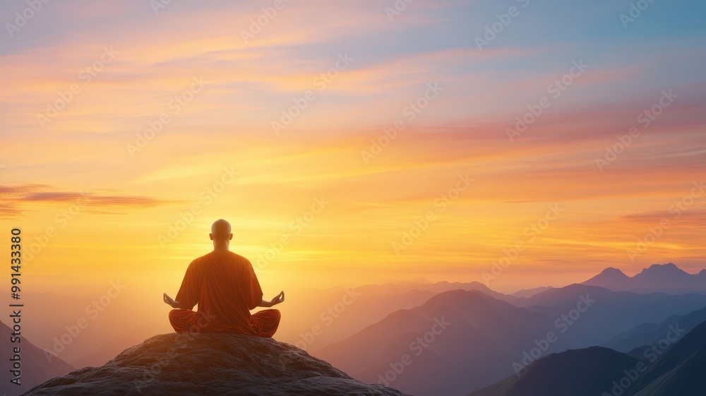 A figure meditates on a mountain peak at sunset, embodying tranquility and mindfulness amidst stunning nature. A figure meditates on a mountain peak at sunset, embodying tranquility and mindfulness amidst stunning nature.