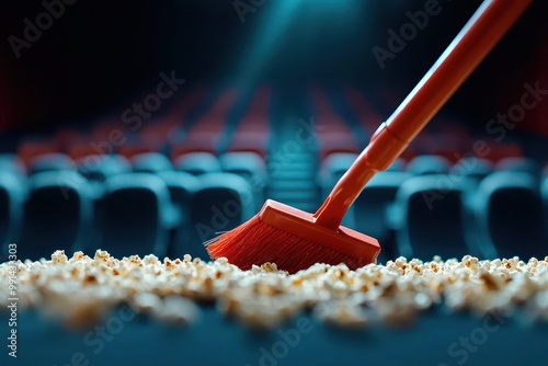 Closeup of a broom sweeping up popcorn in an empty movie theater.