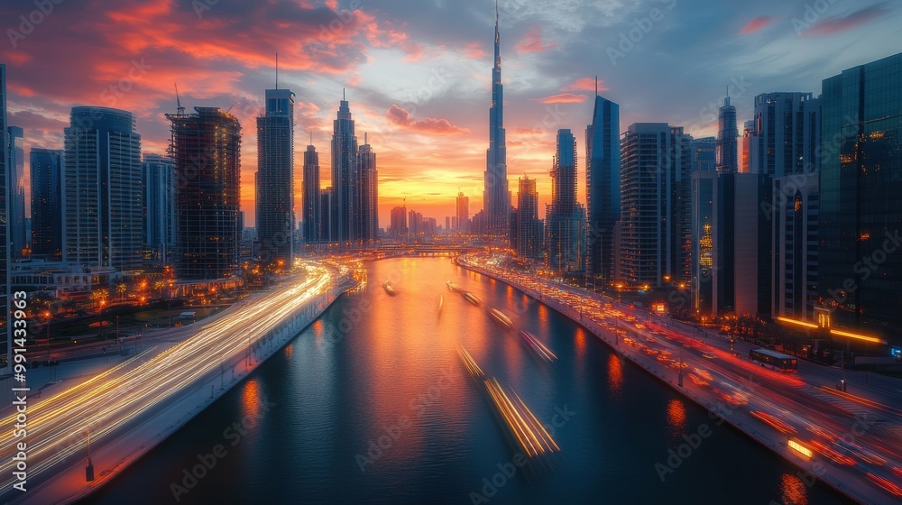 Fototapeta premium Glowing Sunset Cityscape with Skyscrapers Reflecting Golden Light on River - Urban Landscape with Busy Streets and Car Light Trails