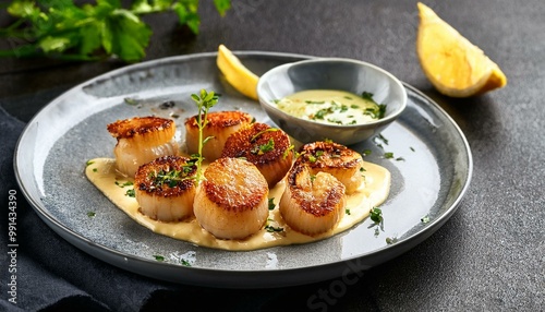 Close up Grilled scallops served with a lemon butter sauce and fresh herbs, gourmet appetizer ready-to-eat dish photo