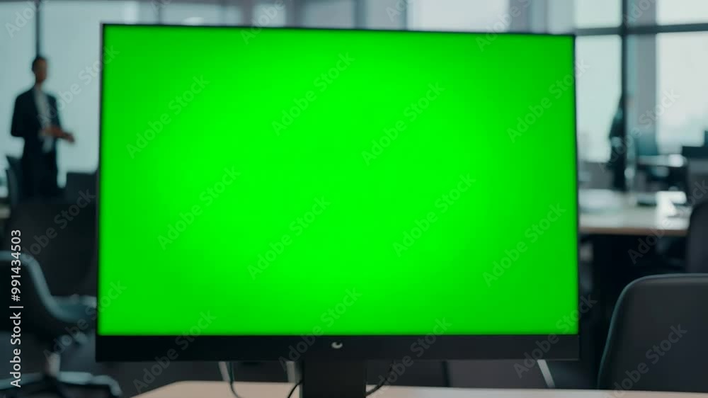 A blank green screen monitor is placed on a desk in a contemporary office environment, with soft-focus office workers visible in the background during daylight A blank green screen monitor is placed on a desk in a contemporary office environment, with soft-focus office workers visible in the background during daylight