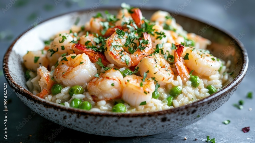 A vibrant seafood risotto with shrimp, scallops, and peas, beautifully arranged in a bowl with a sprinkle of fresh herbs.