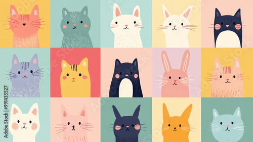 A vibrant collection of illustrated cat and bunny faces, showcasing playful expressions and colorful backgrounds.