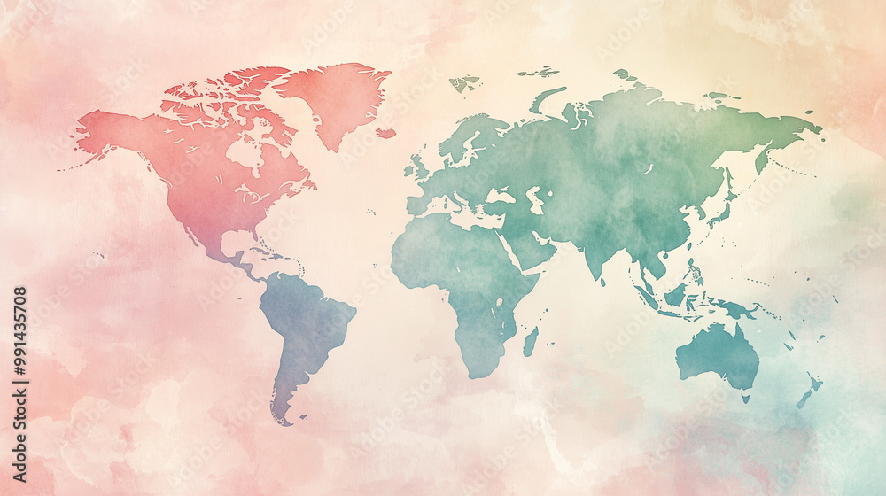 Obraz premium Artistic watercolor world map in pink and green tones, soft pastel illustration
