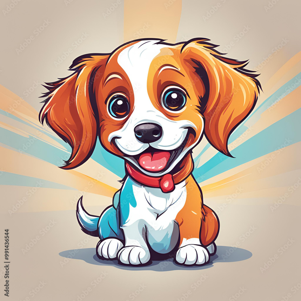 A cheerful cartoon puppy with brown and white fur, big sparkling eyes, and a red collar, sitting happily on a bright background, radiating joy and playfulness. A cheerful cartoon puppy with brown and white fur, big sparkling eyes, and a red collar, sitting happily on a bright background, radiating joy and playfulness.