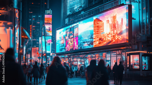 Bustling Crowd Beneath Vibrant Billboards in Neon-Lit Urban Night Scene photo