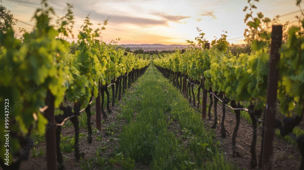 Fototapeta premium Vineyard Rows at Golden Hour
