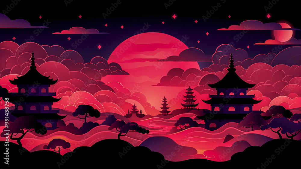 Stylized Red Sunset Landscape with Pagodas and Cloudy Sky.. Stylized Red Sunset Landscape with Pagodas and Cloudy Sky..