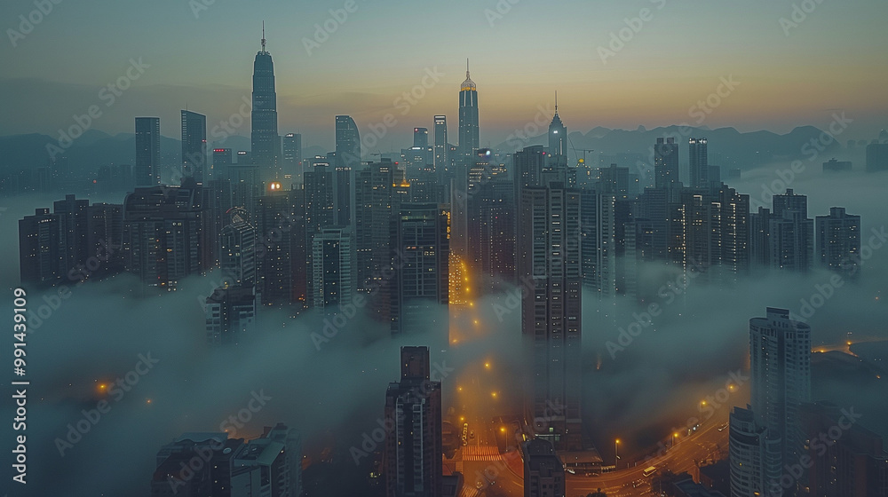 Foggy City Skyline at Dusk with Illuminated Skyscrapers.. Foggy City Skyline at Dusk with Illuminated Skyscrapers..