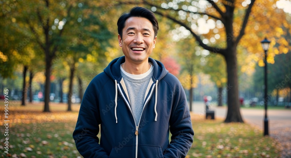 Cheerful middleaged Asian man wearing a hoodie in a park during autumn Cheerful middleaged Asian man wearing a hoodie in a park during autumn
