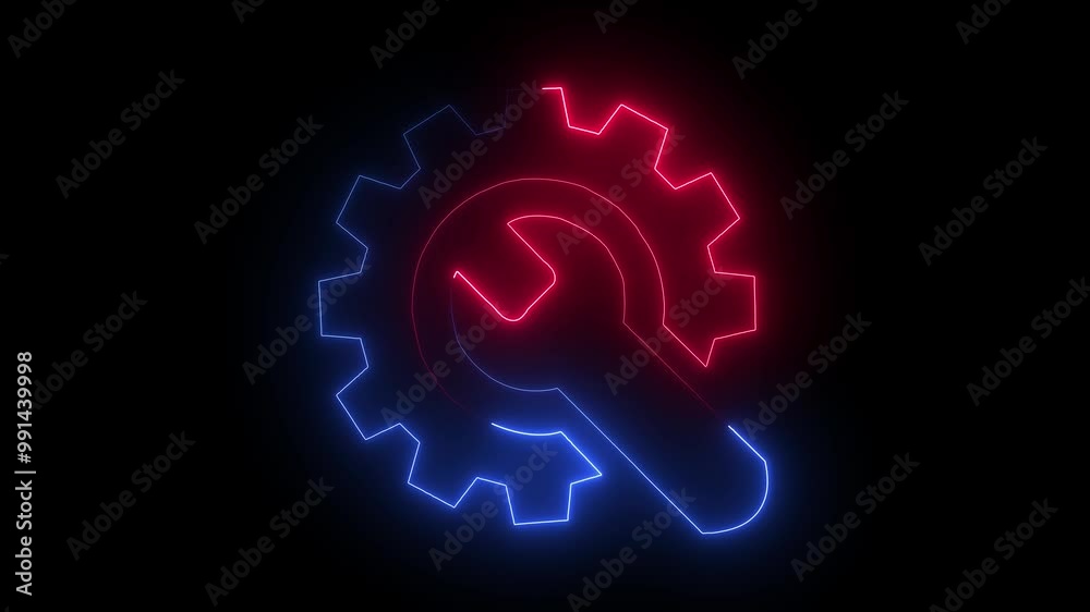Glowing neon line setting icon with spinning gears icon animated. Technology setting icon concept Glowing neon line setting icon with spinning gears icon animated. Technology setting icon concept