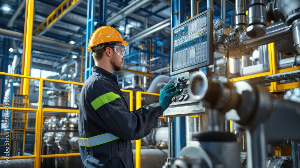 A worker in safety gear monitors industrial machinery in a large factory filled with pipes and equipment. A worker in safety gear monitors industrial machinery in a large factory filled with pipes and equipment.