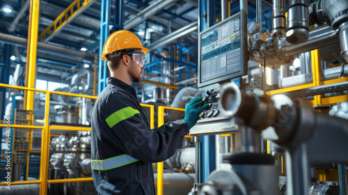 A worker in safety gear monitors industrial machinery in a large factory filled with pipes and equipment.