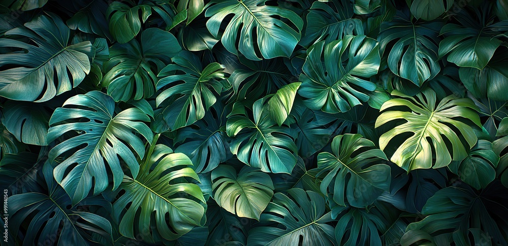 A lush background of vibrant green monstera leaves, perfect for a tropical or summer-themed design.