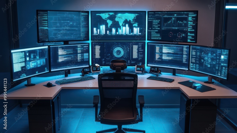 Naklejka premium Futuristic digital workspace featuring multiple monitors displaying data and analytics in a sleek, high-tech environment.