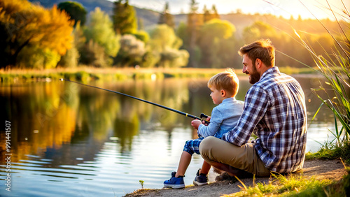 A father and son sitting by a lake, fishing and enjoying quiet time together.