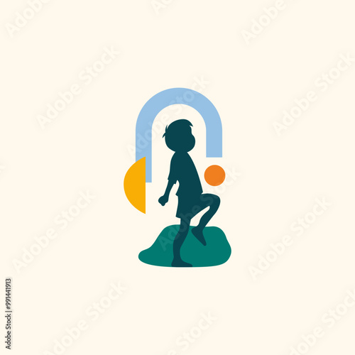 boho vector illustration silhouette of little boy playing soccer