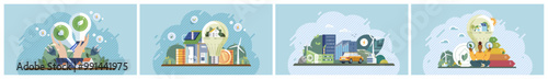 Green technology concept. Various sustainable energy solutions including solar panels, wind turbines, electric cars, and smart cities. Ideal for renewable energy, eco-friendly technology, sustainable