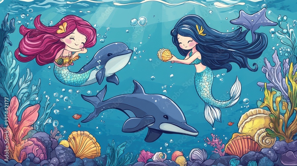 Two Mermaids and Dolphins in an Underwater Paradise Two Mermaids and Dolphins in an Underwater Paradise