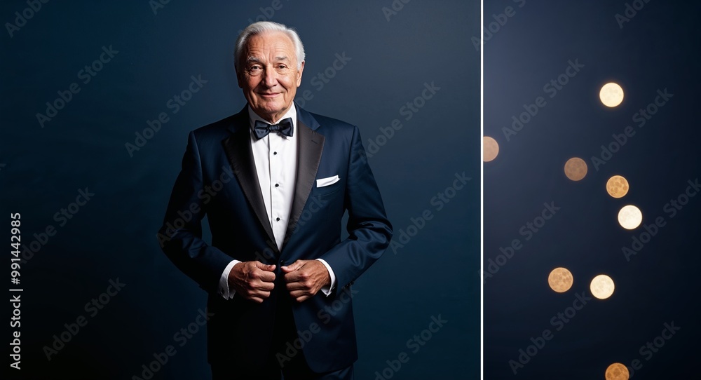 Elderly Caucasian man in a classic tuxedo striking a confident pose against a deep navy background