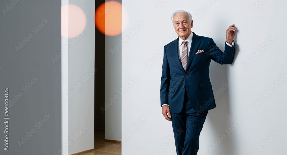 Elderly Caucasian man in a smart suit posing elegantly against a bright white background Elderly Caucasian man in a smart suit posing elegantly against a bright white background