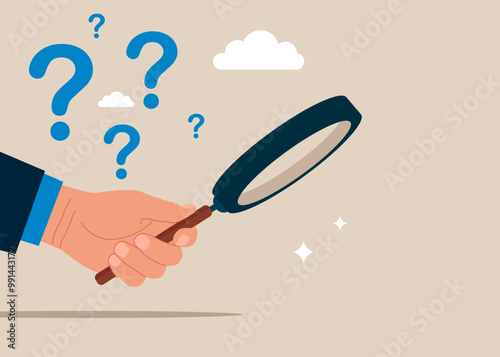 Businessman looking through magnifying glass searching. Thinking of who what where when why and how. 5w1h asking questions for solution to solve problem, business analysis to new idea. 