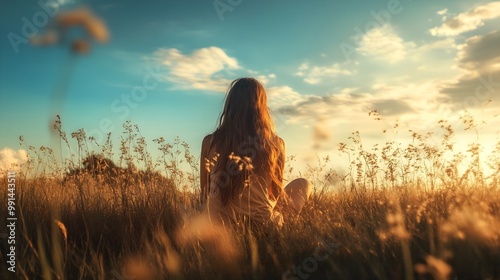 A girl with long hair sits with her back to the viewer in a large clearing with dried yellow grass
