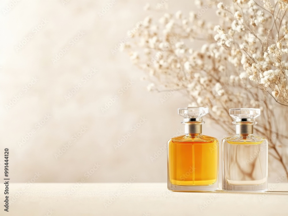 Elegant perfume bottles displayed against a soft background, featuring delicate floral accents for a luxurious ambiance. Elegant perfume bottles displayed against a soft background, featuring delicate floral accents for a luxurious ambiance.