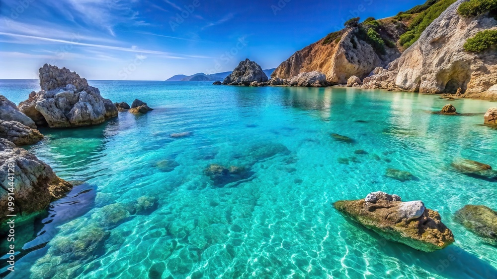 Crystal clear turquoise sea with a rocky formation in Lefkada Ionian Island Greece seen from a low angle, Mediterranean, low angle view, tranquil, picturesque, idyllic beach Crystal clear turquoise sea with a rocky formation in Lefkada Ionian Island Greece seen from a low angle, Mediterranean, low angle view, tranquil, picturesque, idyllic beach