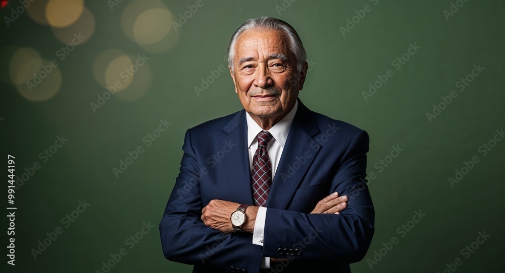 Elderly Hispanic man in a welltailored suit posing sharply against a muted green background Elderly Hispanic man in a welltailored suit posing sharply against a muted green background