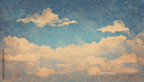 retro sky pattern on old paper texture. raster halftone vintage clouds.