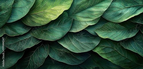 Close-up of lush green leaves, showcasing intricate vein patterns and a natural texture.