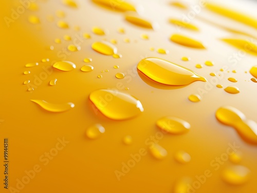 Close-up of water droplets on a bright yellow surface, highlighting texture and clarity in macro photography.