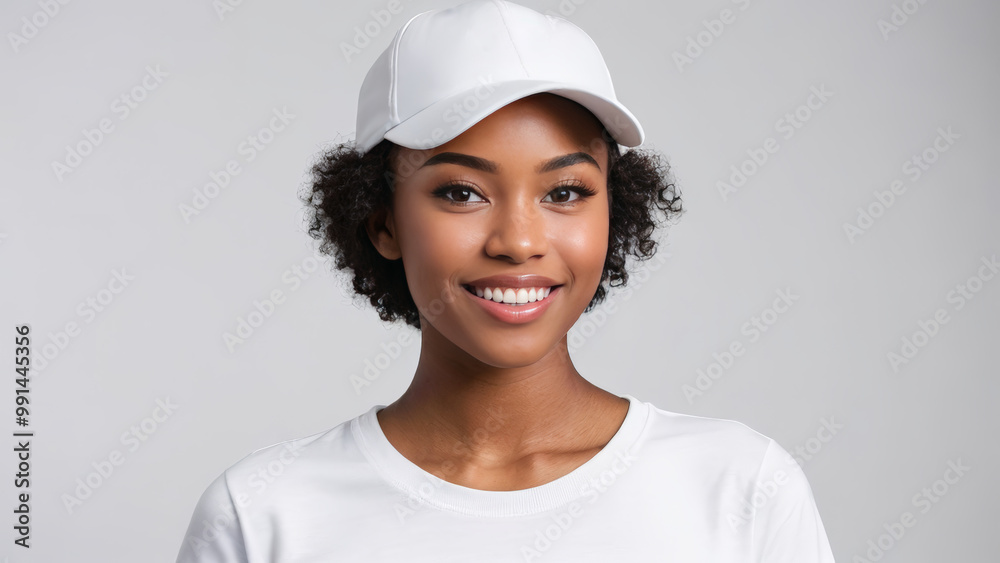 Young black woman with short hair wearing white t-shirt and white baseball cap isolated on grey background Young black woman with short hair wearing white t-shirt and white baseball cap isolated on grey background