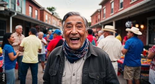 Excited elderly Hispanic man wearing a scarf at a neighborhood block party