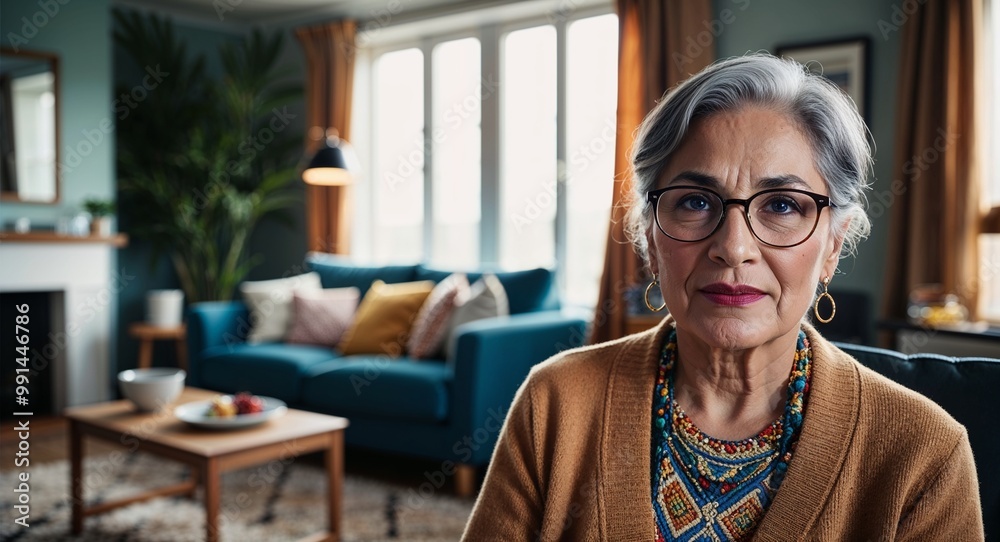 Focused middleaged Hispanic woman wearing glasses in a cozy kitchen baking Focused middleaged Hispanic woman wearing glasses in a cozy kitchen baking