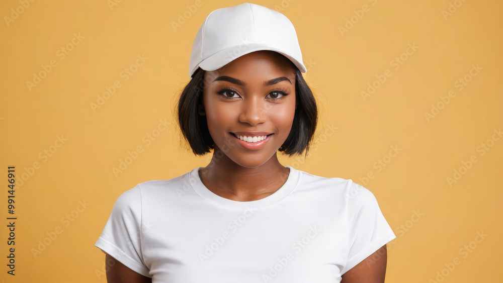 Young black woman with short hair wearing white t-shirt and white baseball cap isolated on yellow background Young black woman with short hair wearing white t-shirt and white baseball cap isolated on yellow background