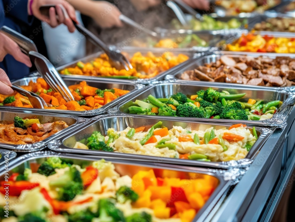 A vibrant buffet display featuring an array of colorful dishes and fresh vegetables, perfect for any catering event. A vibrant buffet display featuring an array of colorful dishes and fresh vegetables, perfect for any catering event.