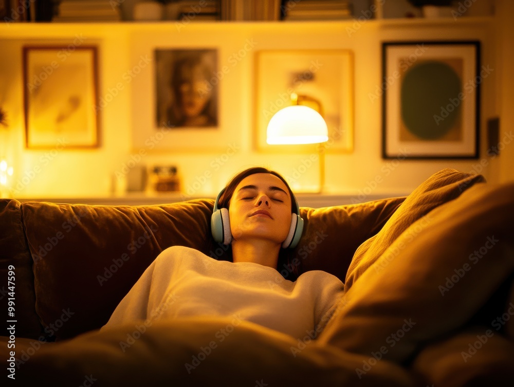 A peaceful moment of relaxation, a person enjoys music with headphones in a cozy, softly lit living room. A peaceful moment of relaxation, a person enjoys music with headphones in a cozy, softly lit living room.