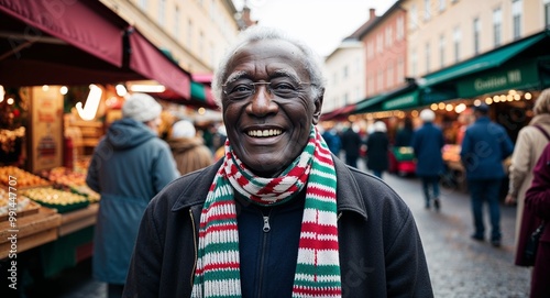 Happy elderly Black man wearing a scarf at a holiday market