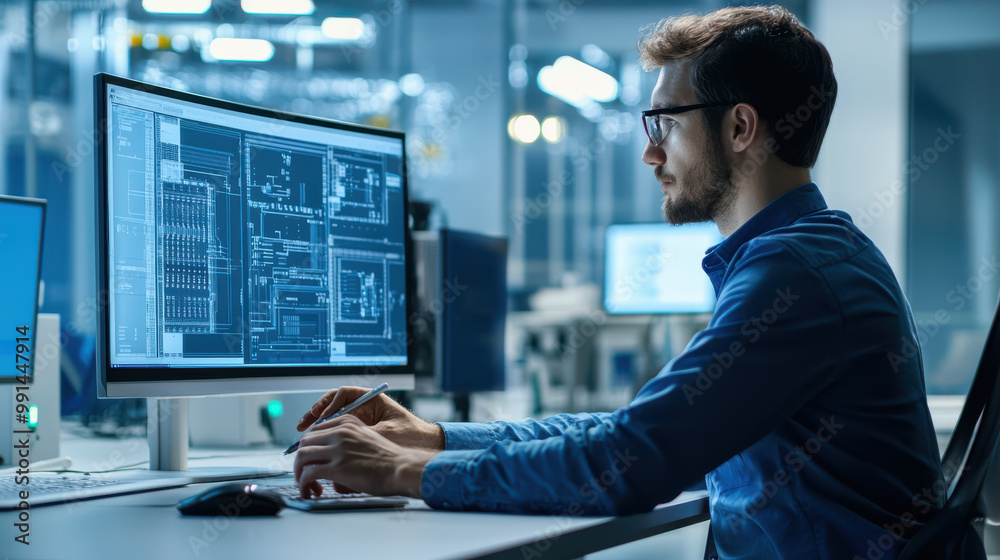 A focused professional analyzes data on a computer in a modern, well-lit office space. A focused professional analyzes data on a computer in a modern, well-lit office space.