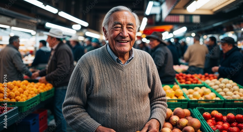 Happy elderly Hispanic man wearing a sweater in a bustling market