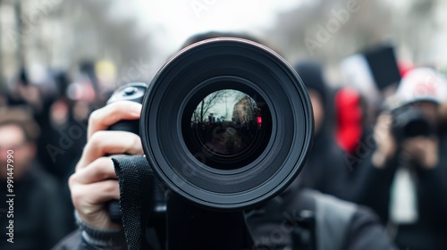 A documentary photographer in the middle of a protest, their camera lens capturing the energy and intensity of the crowd.