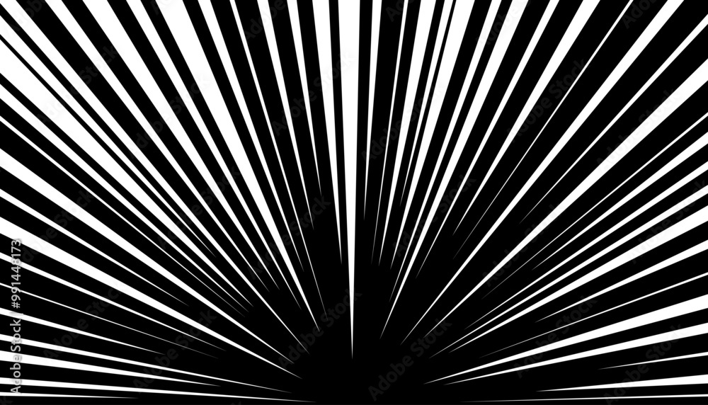 Obraz premium Comic strip radial motion lines. Anime comics book super hero speed or fight sharp rays texture. Manga superhero action or explosion effect black backdrop. Cartoon fast zoom or light flash graphic ink