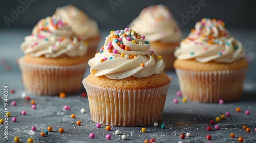 Delicious vanilla cupcakes with cream cheese and sugar candy on a gray background. Dessert for birthday. selective focus, copy space 